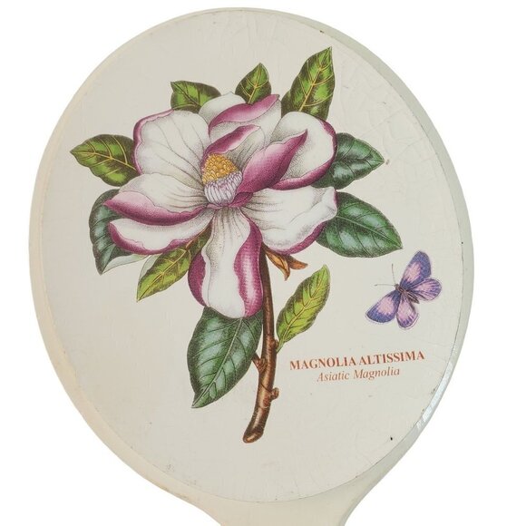 Ivory Hand-Held Mirror Painted Wood Magnolia Altissima Flower Gloss Finish VTG - Picture 5 of 8